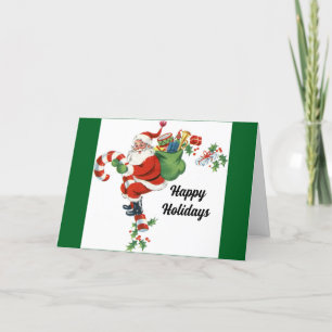 Vintage Santa On Candy Cane Holiday Card