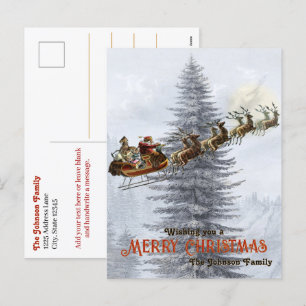 Vintage Santa on Sleigh with Reindeer Christmas Holiday Postcard
