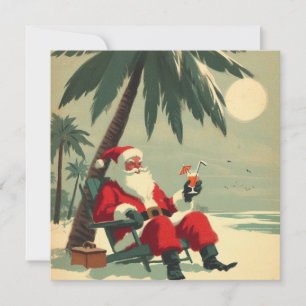 Vintage Santa on Tropical Beach Holiday Retro Card