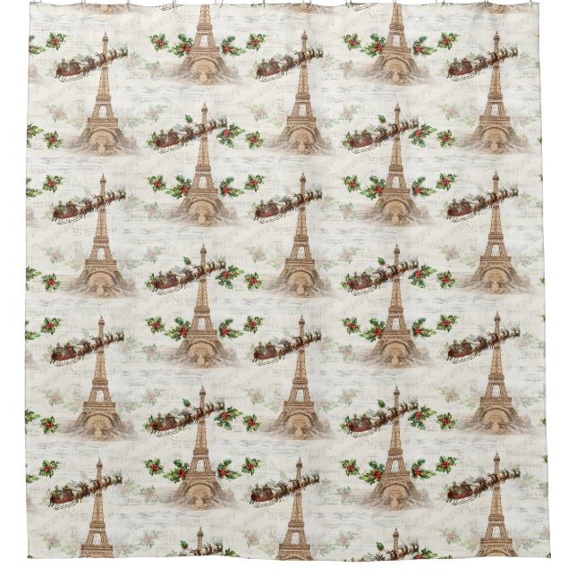 Vintage Santa over Paris Christmas Shower Curtain (Front)