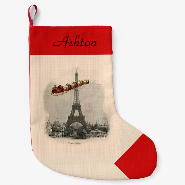 Vintage Santa over Paris Personalized Stocking (Front)
