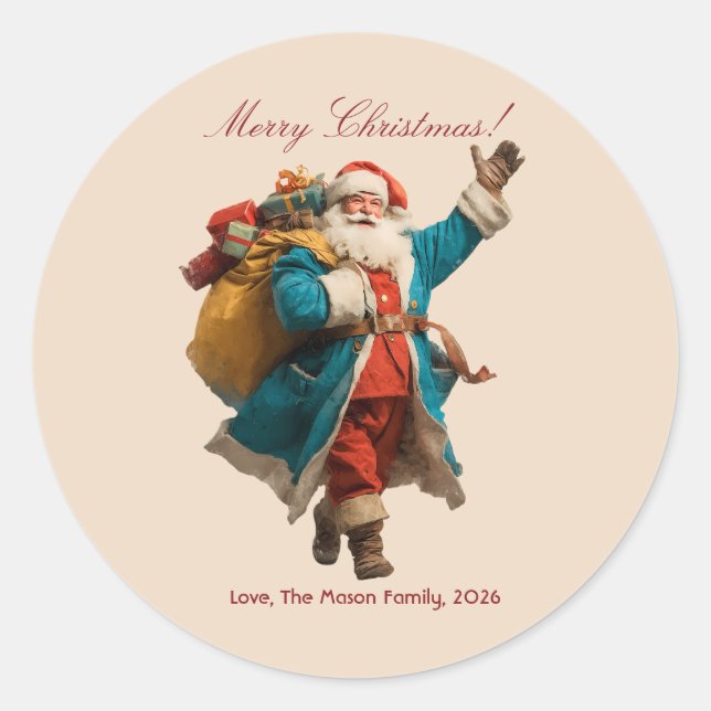 Vintage Santa Personalized Christmas Design Classic Round Sticker (Front)