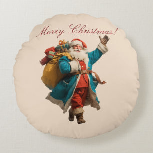 Vintage Santa Personalized Christmas Design Round Pillow