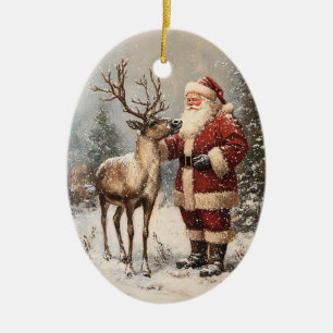 Vintage Santa Petting A Reindeer Painting Ceramic Ornament