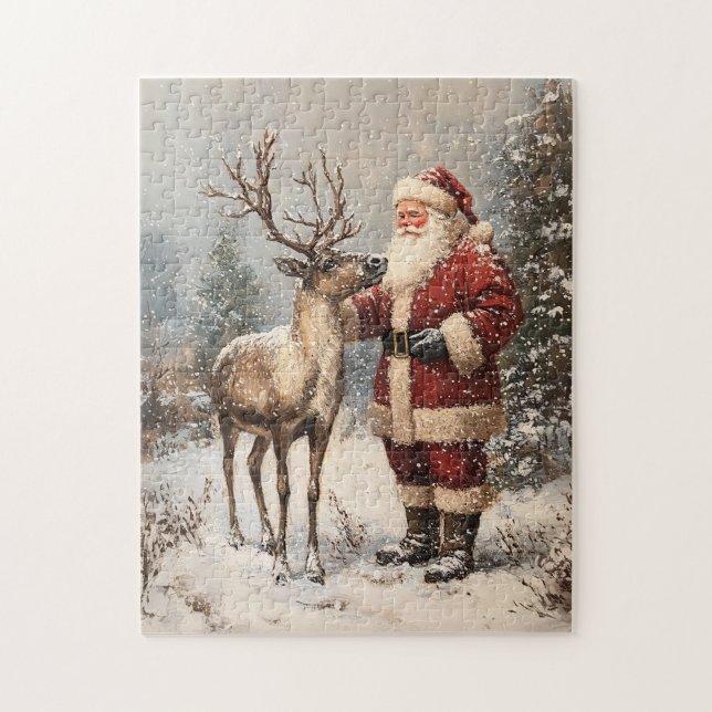 Vintage Santa Petting A Reindeer Painting Jigsaw Puzzle (Vertical)