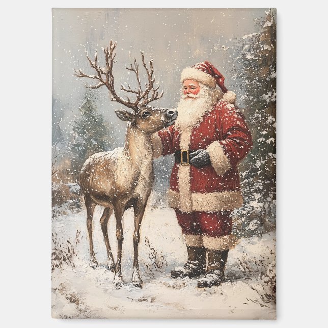 Vintage Santa Petting A Reindeer Painting Magnet (Front)