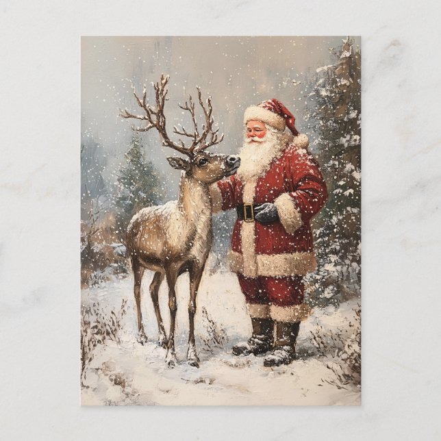 Vintage Santa Petting A Reindeer Painting Postcard (Front)