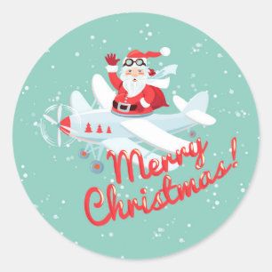 Vintage Santa, plane Merry Christmas Classic Round Sticker