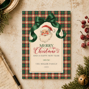 Vintage Santa Preppy Plaid Merry Christmas Card