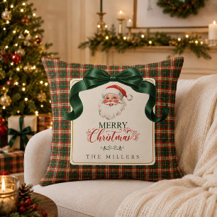Vintage Santa Preppy Plaid Merry Christmas Throw Pillow