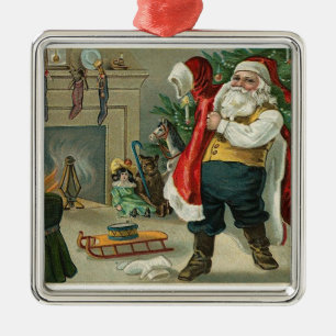Vintage Santa Putting On His Suit Metal Ornament