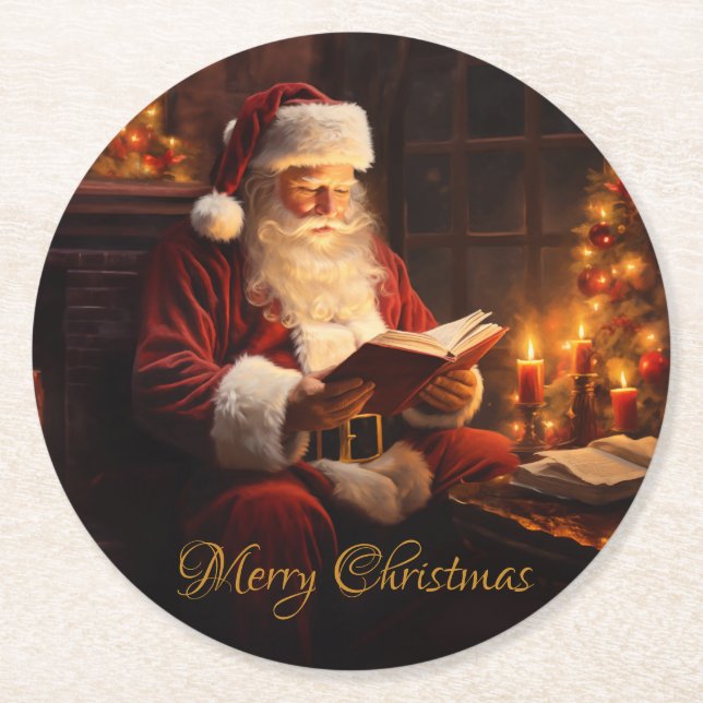 Vintage Santa Reading a Book Round Paper Coaster (Front)