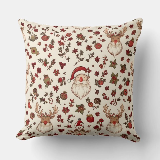 Vintage Santa & Reindeer Christmas Pillow (Front)
