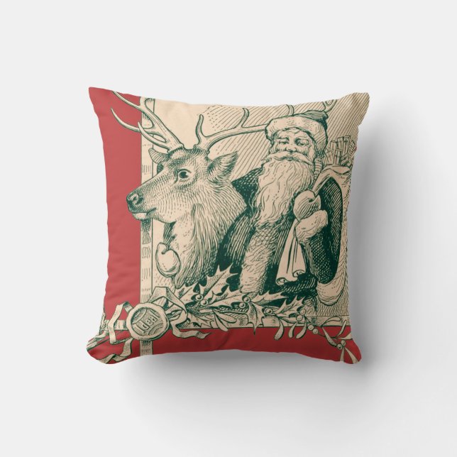 Vintage Santa Reindeer Christmas Saint Nick Throw Pillow (Front)