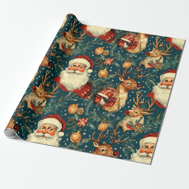 "Vintage Santa & Reindeer Christmas Wrapping Paper (Unrolled)