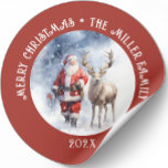 Vintage Santa Reindeer Personalized Classic Round Sticker<br><div class="desc">This Christmas-themed ornament features vintage Santa with reindeer and customizable text is a perfect ornament for any Christmas tree.
You can easily change your family name and the year to make this ornament uniquely your.</div>