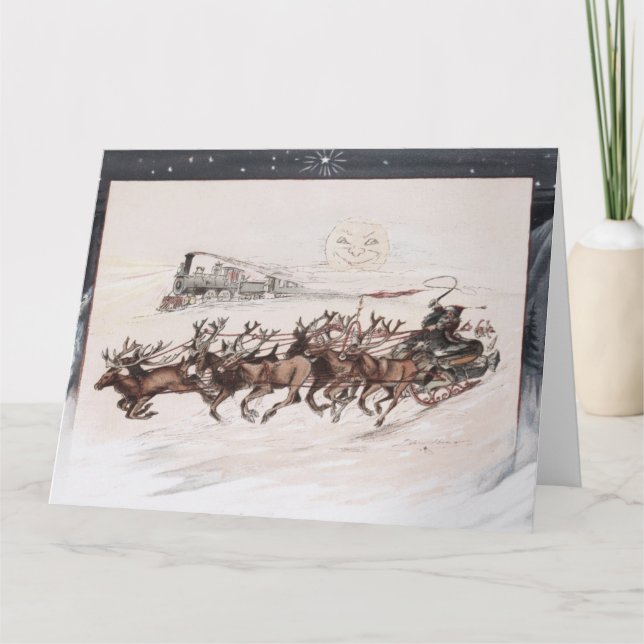 Vintage Santa & Reindeer with moon; circa 1875 Card (Front)