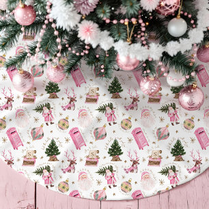 Vintage Santa Retro Pink Christmas Custom Monogram Brushed Polyester Tree Skirt