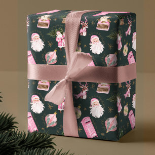 Vintage Santa Retro Pink Christmas Custom Monogram Wrapping Paper
