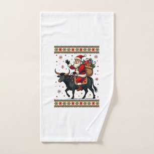 Vintage Santa Riding Highland Cow Christmas Vector Hand Towel