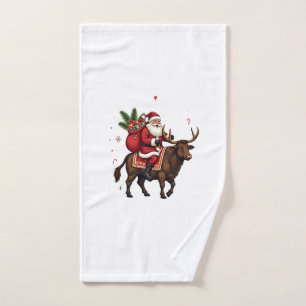 Vintage Santa Riding Highland Cow Christmas Vector Hand Towel