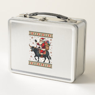 Vintage Santa Riding Highland Cow Christmas Vector Metal Lunch Box