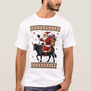 Vintage Santa Riding Highland Cow Christmas Vector T-Shirt