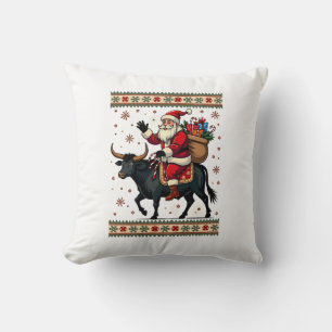 Vintage Santa Riding Highland Cow Christmas Vector Throw Pillow