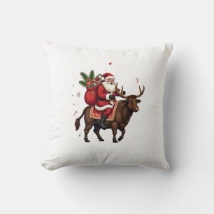 Vintage Santa Riding Highland Cow Christmas Vector Throw Pillow