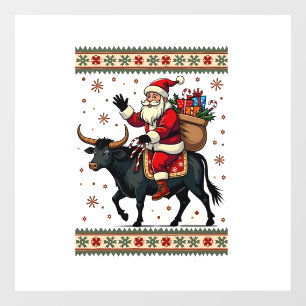 Vintage Santa Riding Highland Cow Christmas Vector Window Cling