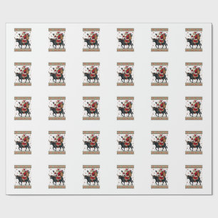 Vintage Santa Riding Highland Cow Christmas Vector Wrapping Paper