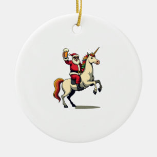 Vintage Santa Riding Unicorn Beer Christmas Funny  Ceramic Ornament