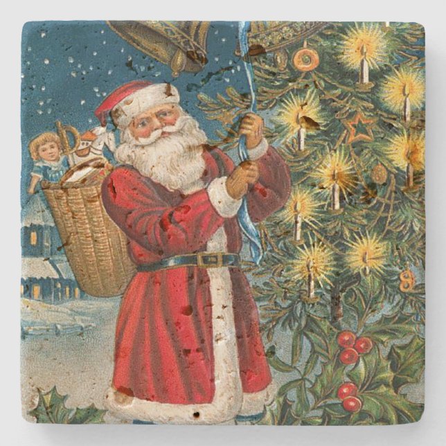 Vintage Santa Rings in Christmas Stone Coaster (Front)