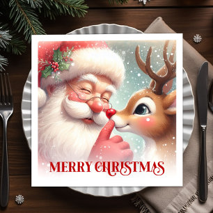 Vintage Santa Rudolph Holiday Christmas Dinner Napkin