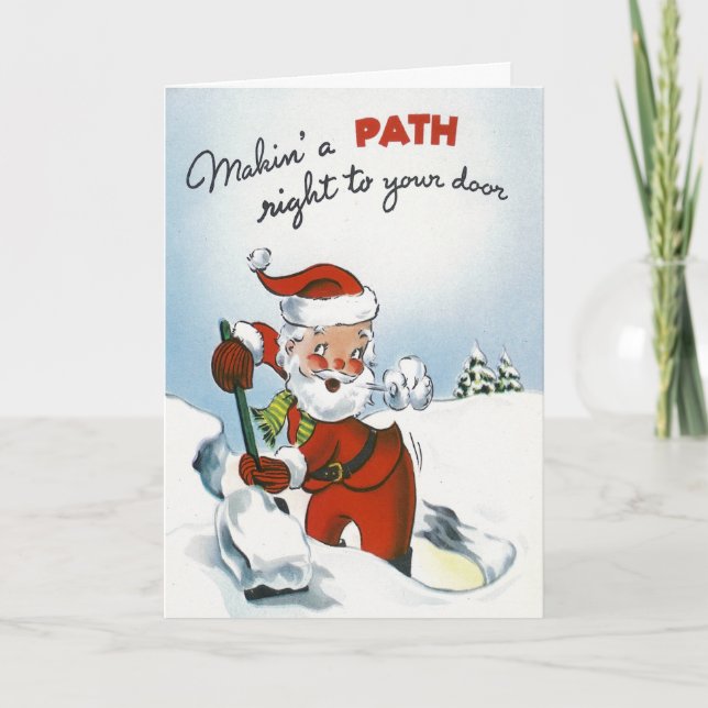 Vintage Santa Shoveling Snow Holiday Card (Front)