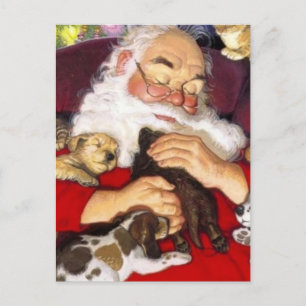 Vintage Santa Sleeping With Puppies Holiday Postcard