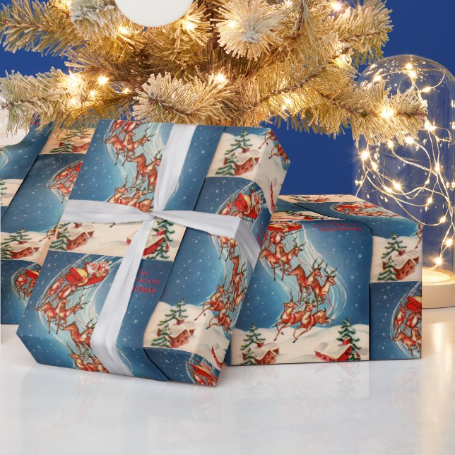 Vintage Santa Sleigh and Reindeer Flying Wrapping Paper (Holidays)