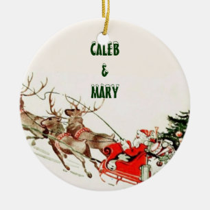 Vintage Santa Sleigh and Reindeer in Snow Ceramic Ornament