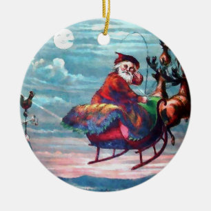 Vintage Santa Sleigh Print Ceramic Ornament