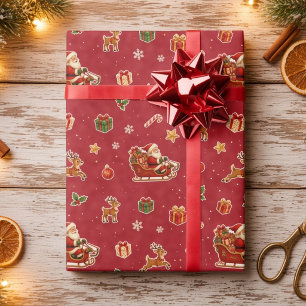 Vintage Santa Sleigh & Reindeer Christmas Red Wrapping Paper