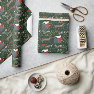Vintage Santa Sleigh Reindeer Christmas Wrapping Paper