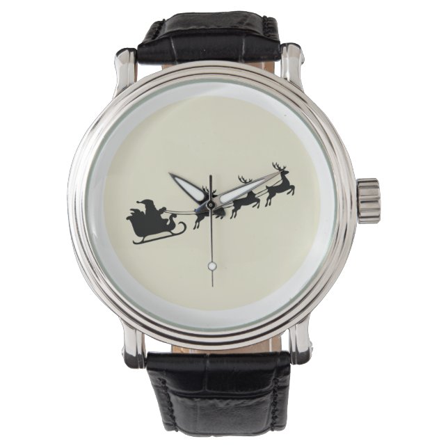 Vintage Santa Sleigh Reindeer Silhouette Full Moon Watch (Front)