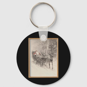 Vintage Santa Sleigh Xmas Forest Sketch T Shirt Keychain