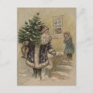 Vintage Santa Snow Christmas Tree Holiday Postcard