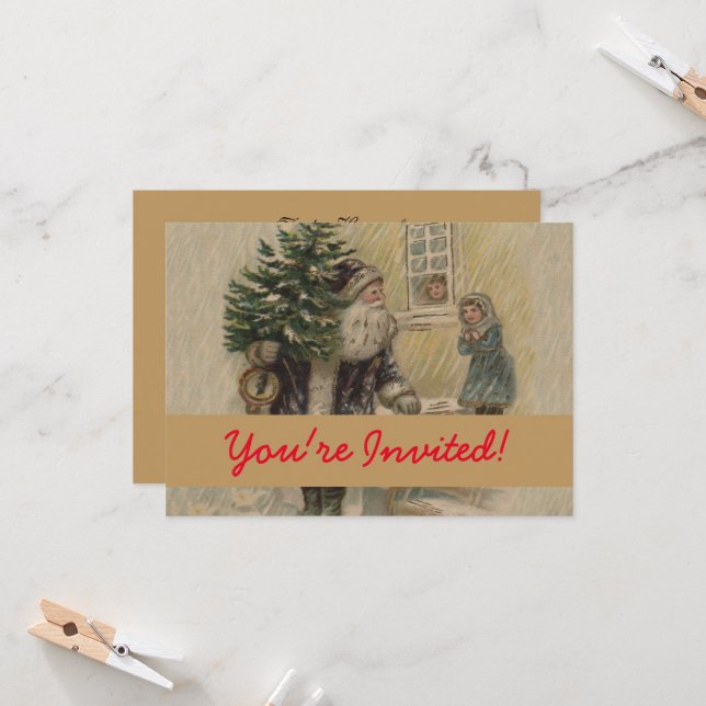 Vintage Santa Snow Christmas Tree Invitation (Front/Back In Situ)