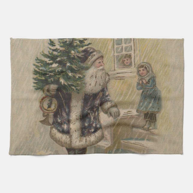 Vintage Santa Snow Christmas Tree Kitchen Towel (Horizontal)