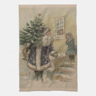 Vintage Santa Snow Christmas Tree Kitchen Towel