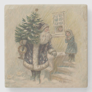 Vintage Santa Snow Christmas Tree Stone Coaster