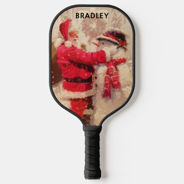 Vintage Santa Snowman Christmas Winter Name Pickleball Paddle (Front)
