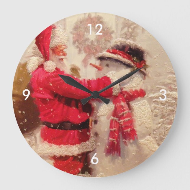 Vintage Santa Snowman Scene Large Clock (Front)